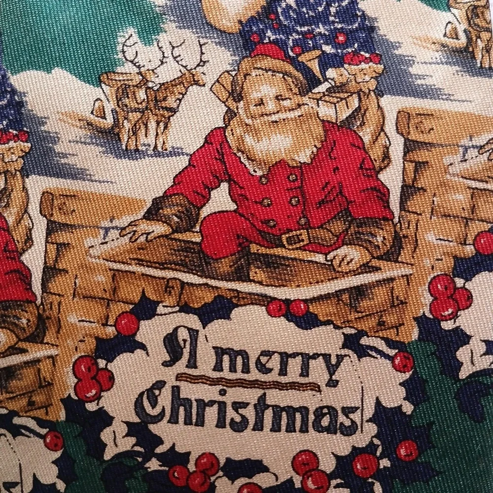 Robert Talbott‎ Silk Tie Mens Green Santa Merry Christmas Holiday Print Necktie
